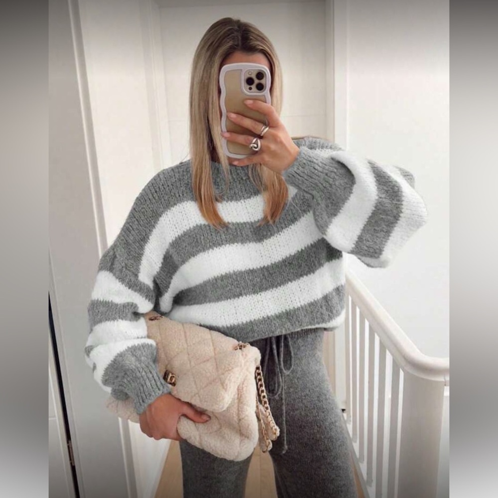 Cozy gray and white striped weater